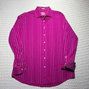 Bugatchi Uomo Men XXL Magenta Pink Striped Fit Flip-cuff Long Sleeve Shirt